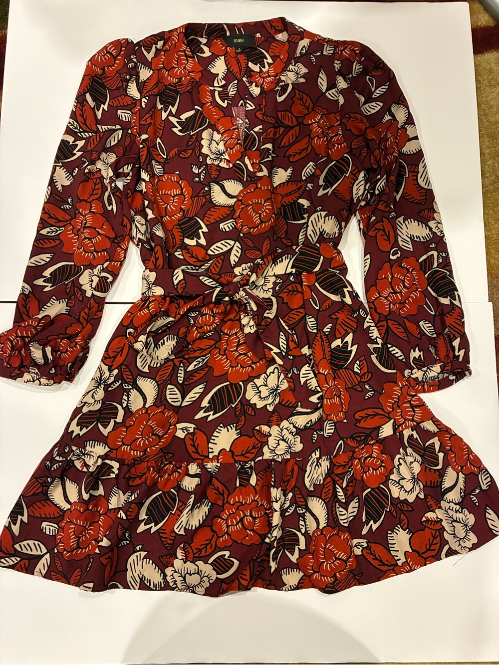 Floral Tie-Waist Mini Dress in Burgundy and Rust - Unknown Brand